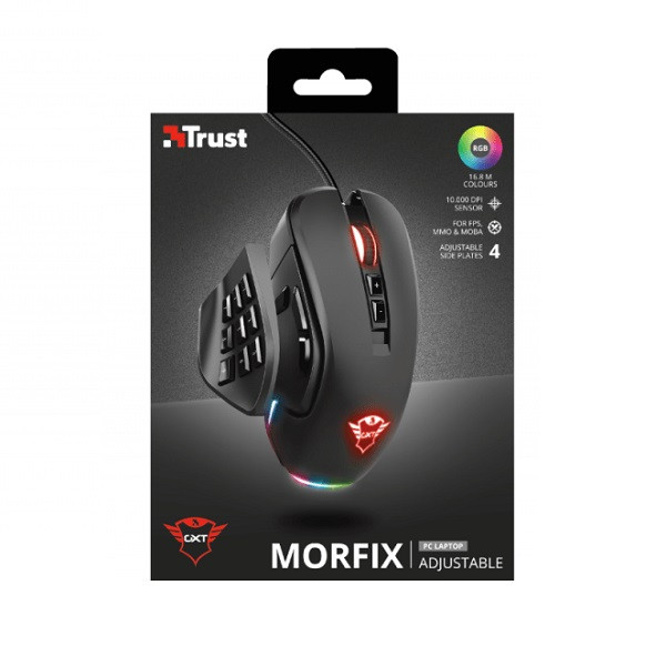 ماوس گیمینگ باسیم تراست مدل GXT 970 MORFIX | ۱۴ دکمه قابل برنامه‌ریزی، ۱۰,۰۰۰ DPI و پنل‌های جانبی مغناطیسی قابل تعویض