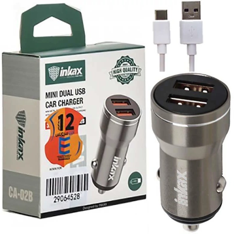 شارژر فندکی اینکاکس مدل CA-02B | ۲ پورت USB با خروجی ۳.۱ آمپر و کابل Type-C همراه