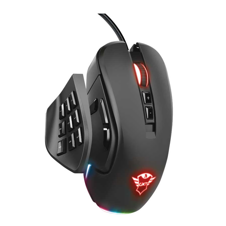 ماوس گیمینگ باسیم تراست مدل GXT 970 MORFIX | ۱۴ دکمه قابل برنامه‌ریزی، ۱۰,۰۰۰ DPI و پنل‌های جانبی مغناطیسی قابل تعویض
