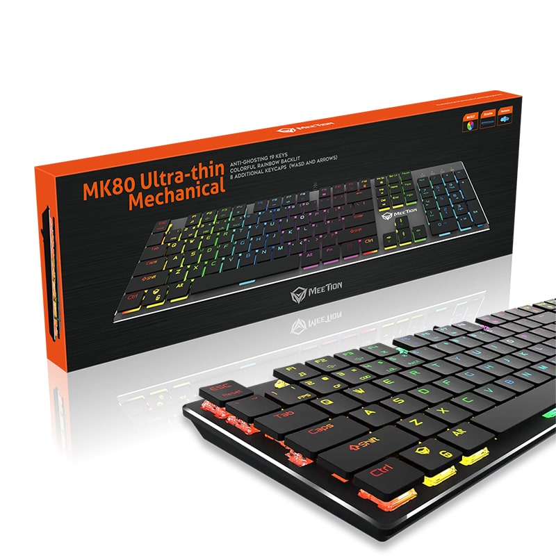کیبورد سیمی گیمینگ میشن مدل MT-MK80 | مکانیکی با سوییچ آبی OUTEMU، بک‌لایت RGB و بدنه فلزی برس‌خورده
